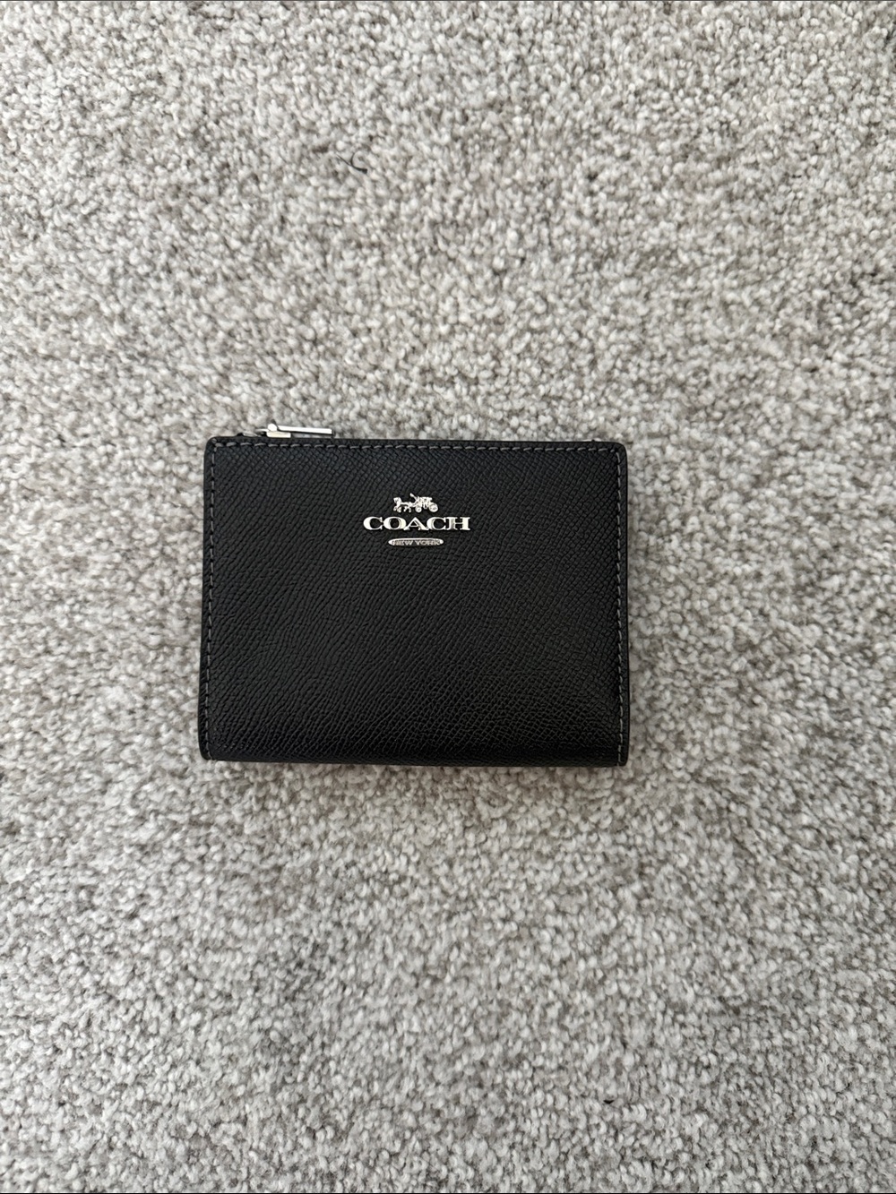 Coach Black Saffiano Leather Compact Wallet with Silver Logo